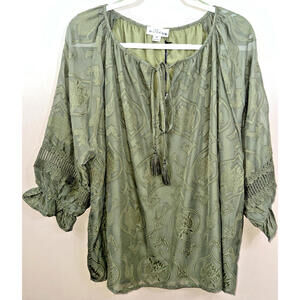 The LINE of Style Women's Green 3/4 Sleeve Blouse Sz 3X Ruffle Sheer Fringe